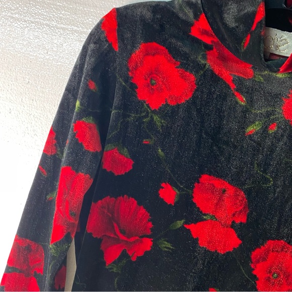 Vintage Cache Velvet M Black Red Floral Turtleneck Burnout Y2K Romantic Goth Top - Picture 3 of 8